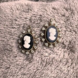 VINTAGE Black, White, and Gold Victorian Oval Cameo Pendants w Crystal Halo